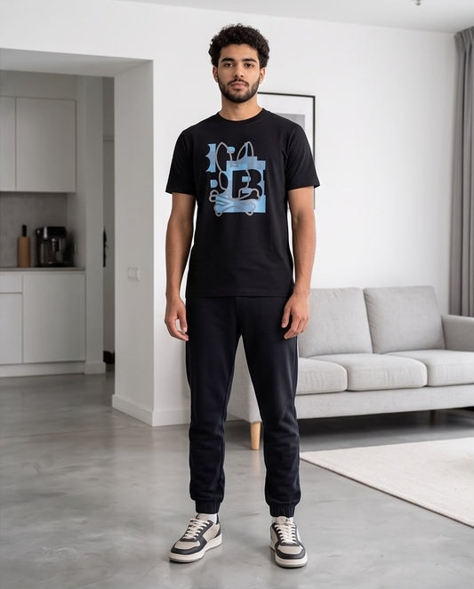 Camiseta Psycho Bunny Logo Geometrico Azul Negra Hombre - Manga Corta Algodón