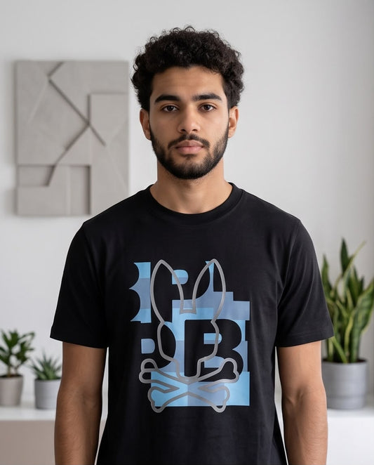 Camiseta Psycho Bunny Logo Geometrico Azul Negra Hombre - Manga Corta Algodón