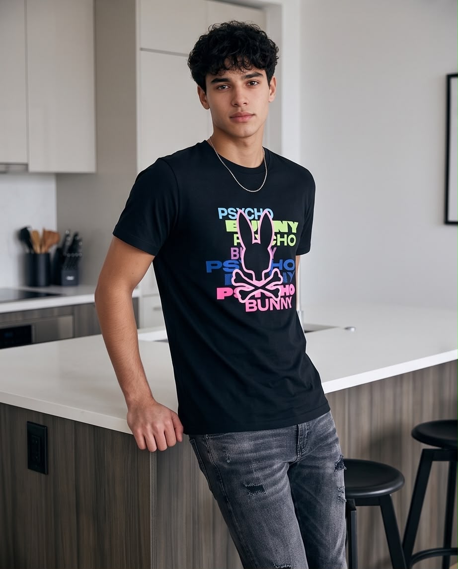 Camiseta Psycho Bunny Logo Texto Multicolor Negra Hombre - Manga Corta Algodón