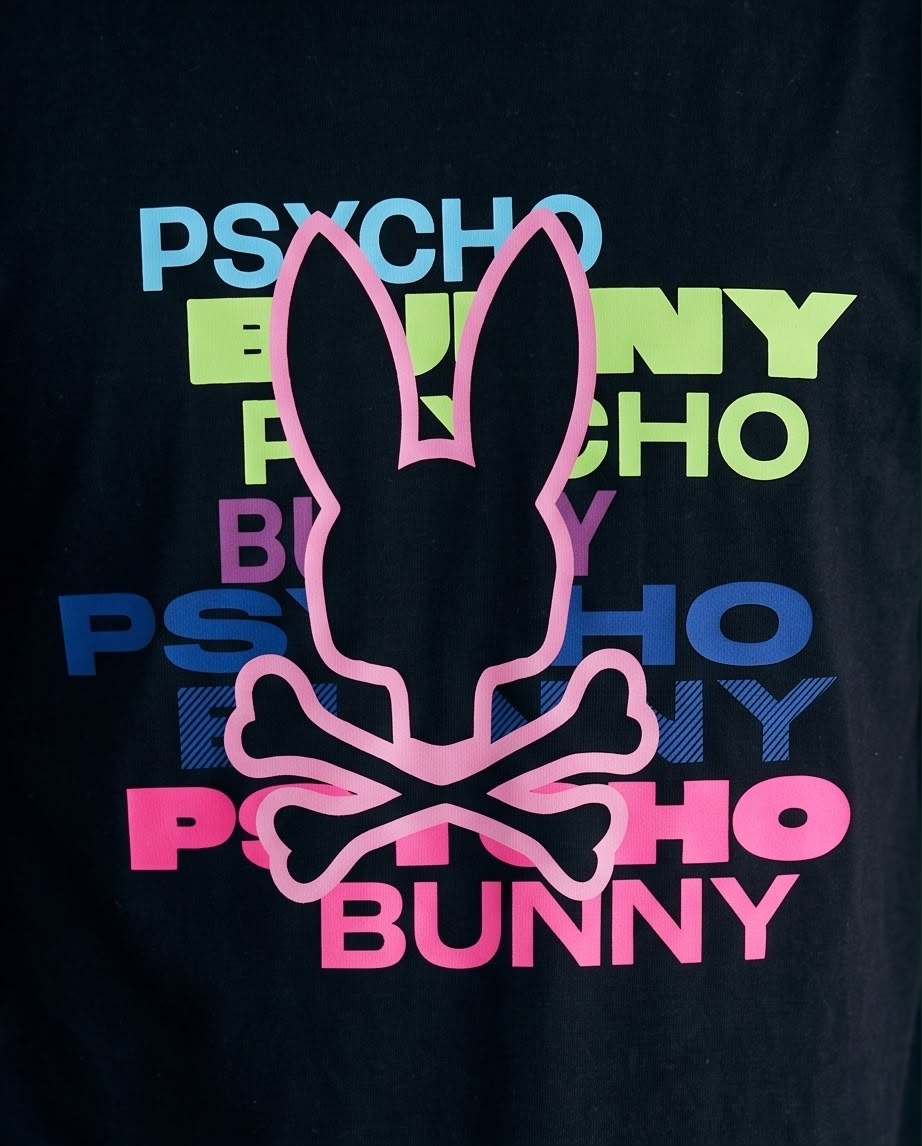 Camiseta Psycho Bunny Logo Texto Multicolor Negra Hombre - Manga Corta Algodón