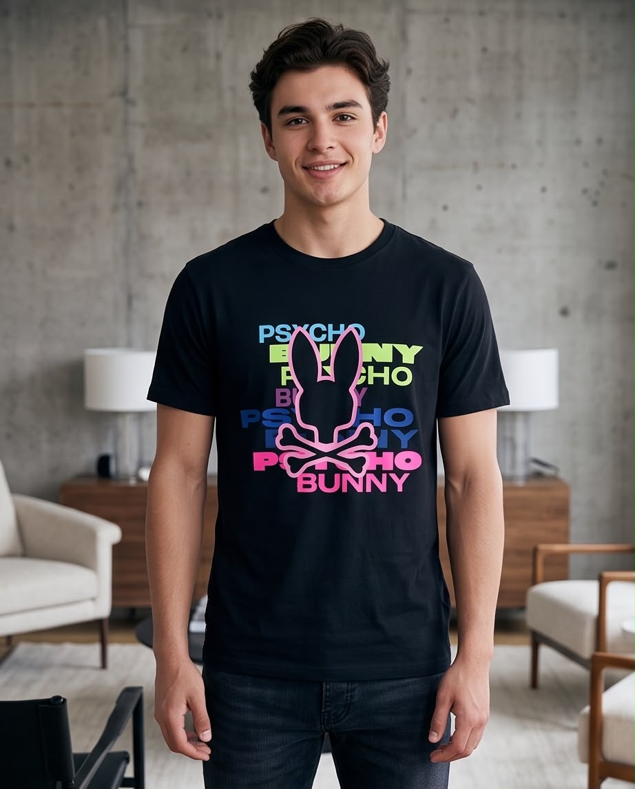 Camiseta Psycho Bunny Logo Texto Multicolor Negra Hombre - Manga Corta Algodón