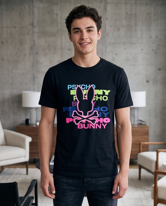 Camiseta Psycho Bunny Logo Texto Multicolor Negra Hombre - Manga Corta Algodón