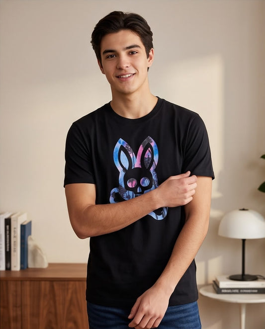 Camiseta Psycho Bunny Logo Palmeras Azul y Rosa Negra Hombre - Manga Corta Algodón