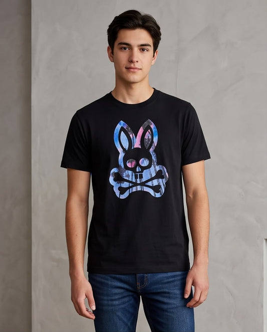 Camiseta Psycho Bunny Logo Palmeras Azul y Rosa Negra Hombre - Manga Corta Algodón