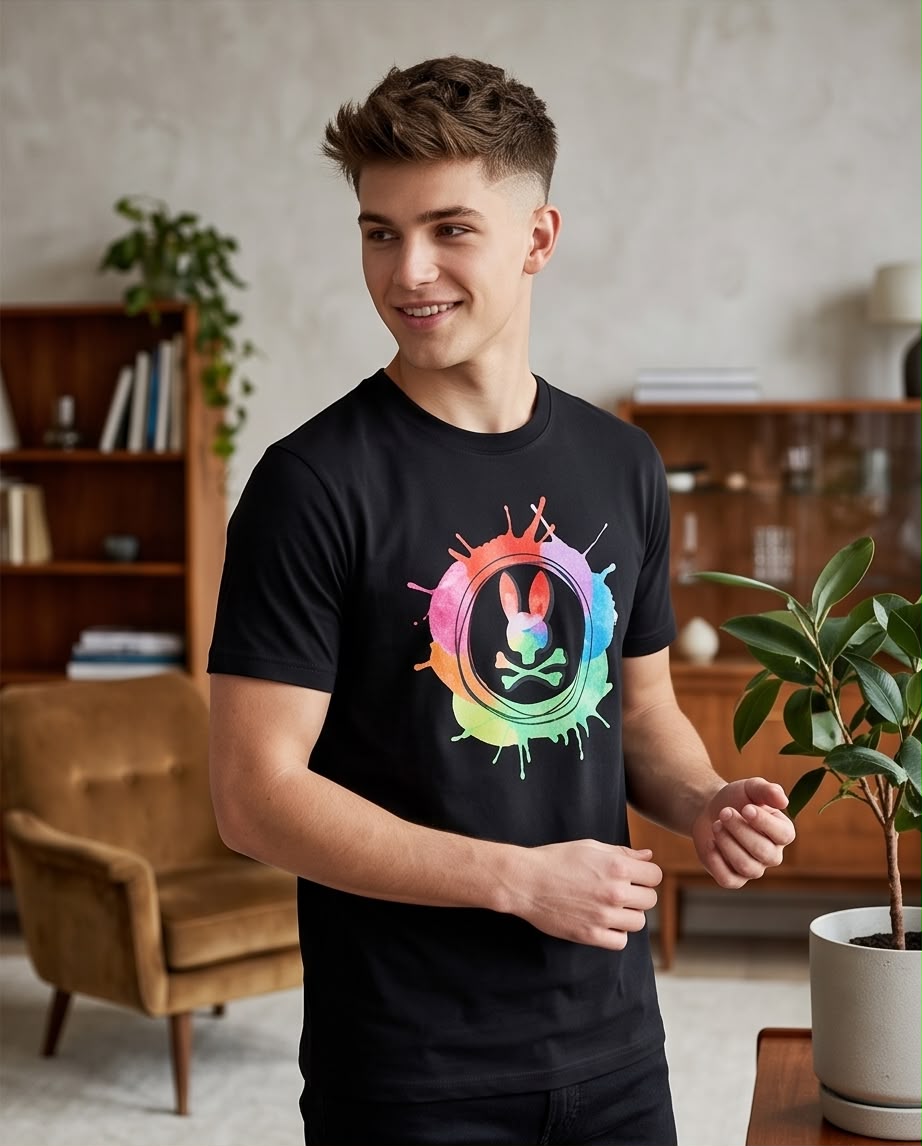 Camiseta Psycho Bunny Logo Multicolor Splash Negra Hombre - Manga Corta Algodón