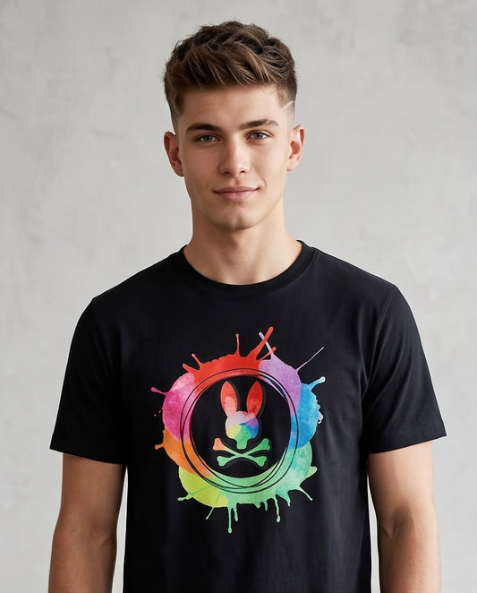 Camiseta Psycho Bunny Logo Multicolor Splash Negra Hombre - Manga Corta Algodón
