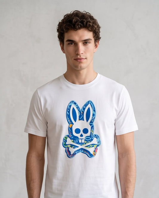 Camiseta Psycho Bunny Logo Trazos Azul Multicolor Blanca Hombre - Manga Corta Algodón