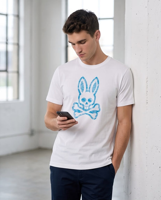 Camiseta Psycho Bunny Logo Acuarela Turquesa Blanca Hombre - Manga Corta Algodón