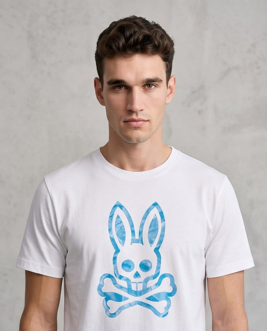 Camiseta Psycho Bunny Logo Acuarela Turquesa Blanca Hombre - Manga Corta Algodón