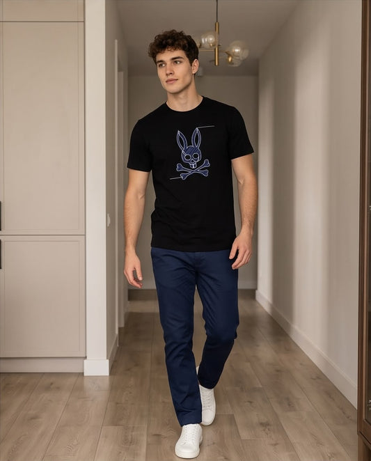 Camiseta Psycho Bunny Logo Line Art Azul Negra Hombre - Manga Corta Algodón