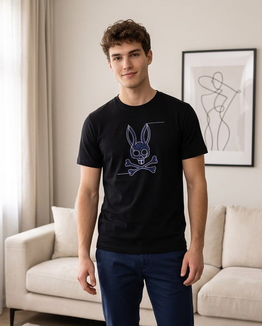 Camiseta Psycho Bunny Logo Line Art Azul Negra Hombre - Manga Corta Algodón