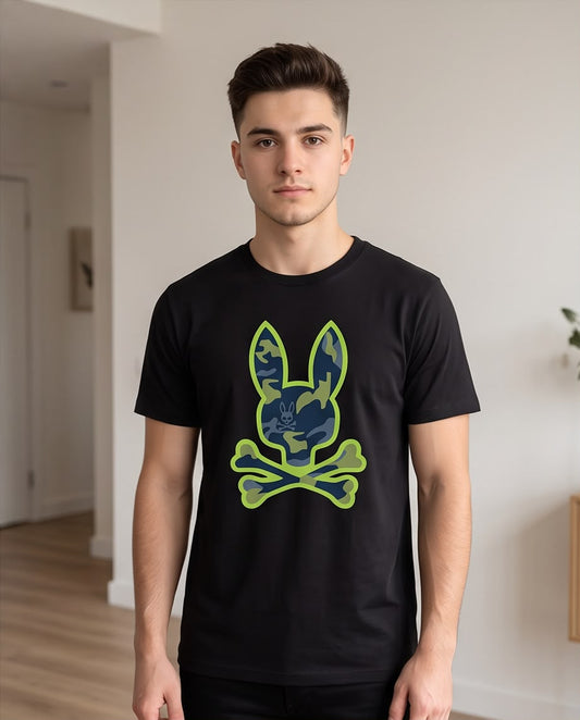 Camiseta Psycho Bunny Logo Camuflaje Verde Lima Negra Hombre - Manga Corta Algodón