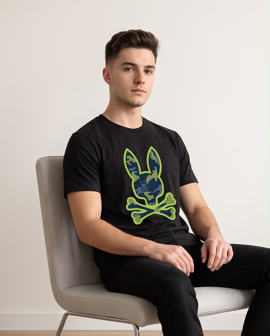 Camiseta Psycho Bunny Logo Camuflaje Verde Lima Negra Hombre - Manga Corta Algodón