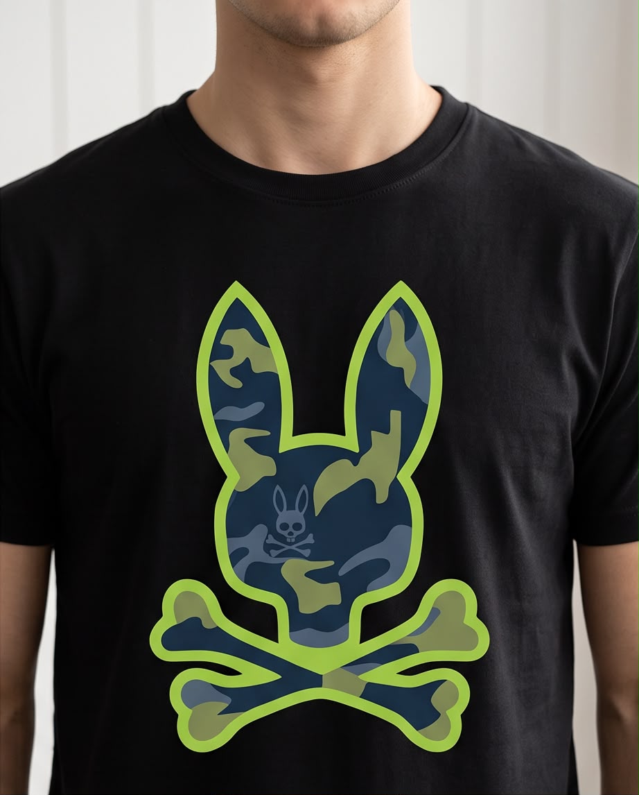 Camiseta Psycho Bunny Logo Camuflaje Verde Lima Negra Hombre - Manga Corta Algodón