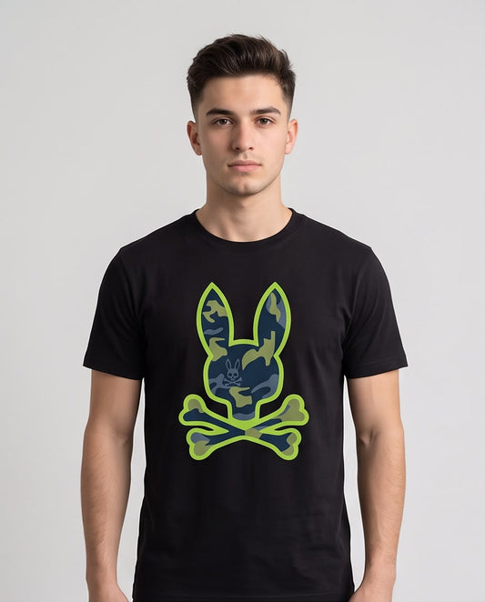 Camiseta Psycho Bunny Logo Camuflaje Verde Lima Negra Hombre - Manga Corta Algodón