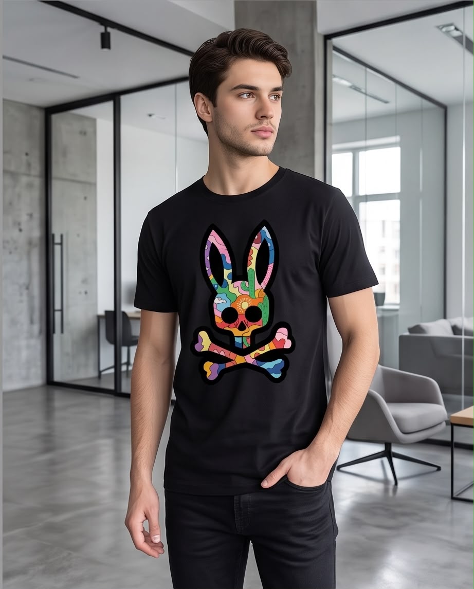 Camiseta Psycho Bunny Conejo Cactus y Sol Multicolor Negra Hombre - Manga Corta Algodón
