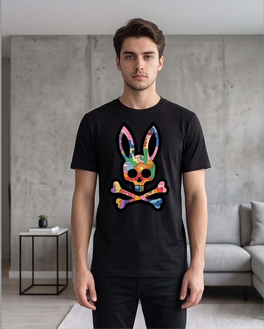 Camiseta Psycho Bunny Conejo Cactus y Sol Multicolor Negra Hombre - Manga Corta Algodón