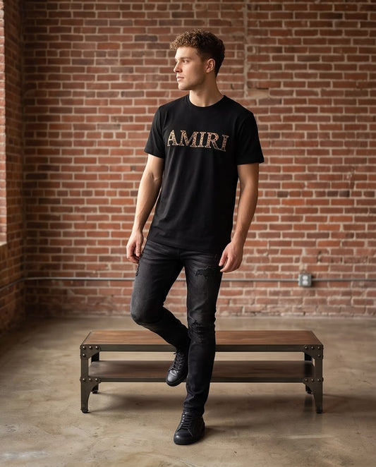 Camiseta Amiri Logo Animal Print Beige y Café Negra Hombre - Manga Corta Algodón