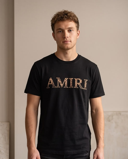 Camiseta Amiri Logo Animal Print Beige y Café Negra Hombre - Manga Corta Algodón