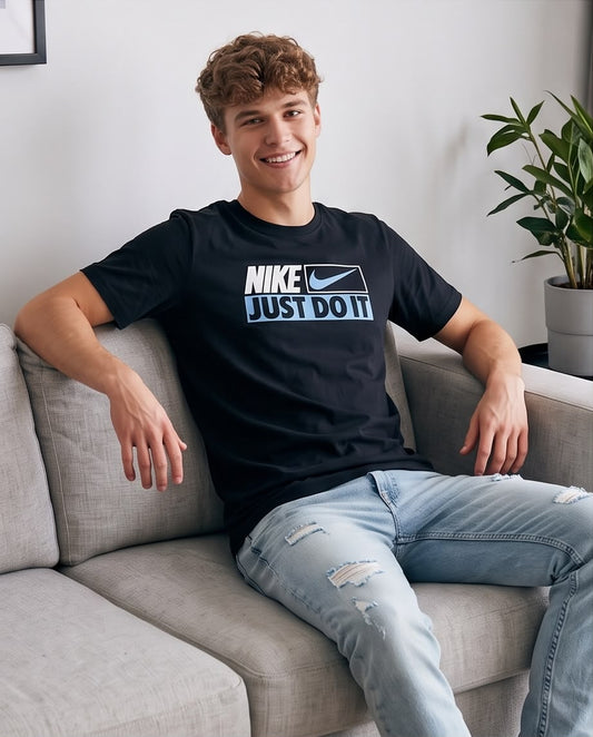 Camiseta Nike Just Do It Azul Negra Hombre - Manga Corta Algodón