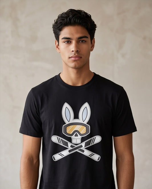 Camiseta Psycho Bunny Logo Ski Aventura Negra Hombre - Manga Corta Algodón