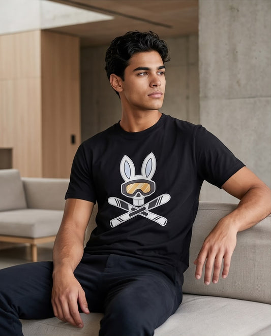 Camiseta Psycho Bunny Logo Ski Aventura Negra Hombre - Manga Corta Algodón