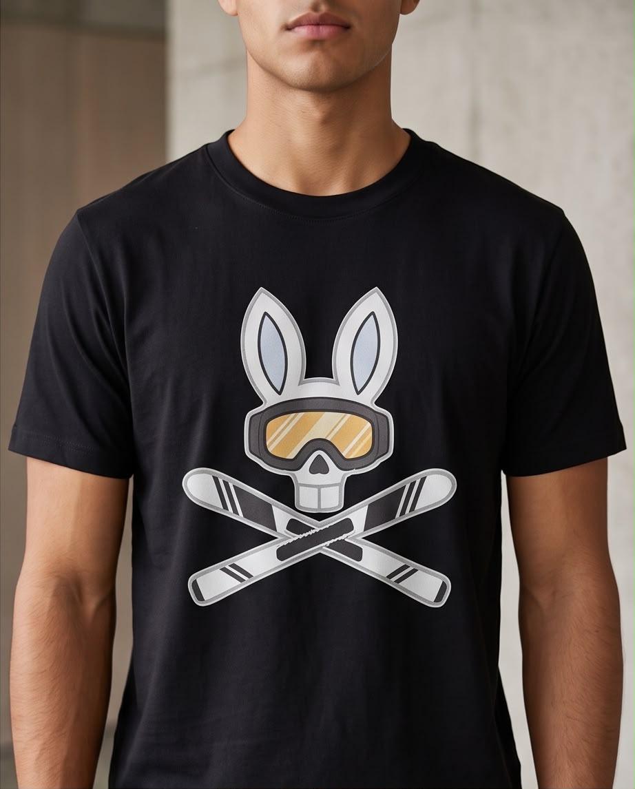 Camiseta Psycho Bunny Logo Ski Aventura Negra Hombre - Manga Corta Algodón