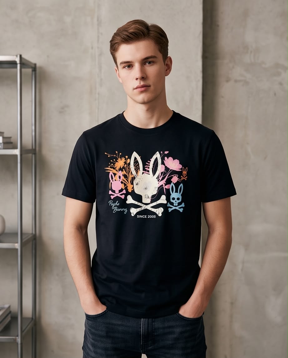 Camiseta Psycho Bunny Logo Floral Since 2005 Negra Hombre - Manga Corta Algodón