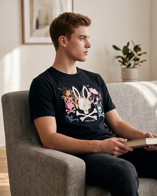 Camiseta Psycho Bunny Logo Floral Since 2005 Negra Hombre - Manga Corta Algodón