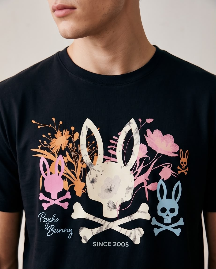 Camiseta Psycho Bunny Logo Floral Since 2005 Negra Hombre - Manga Corta Algodón