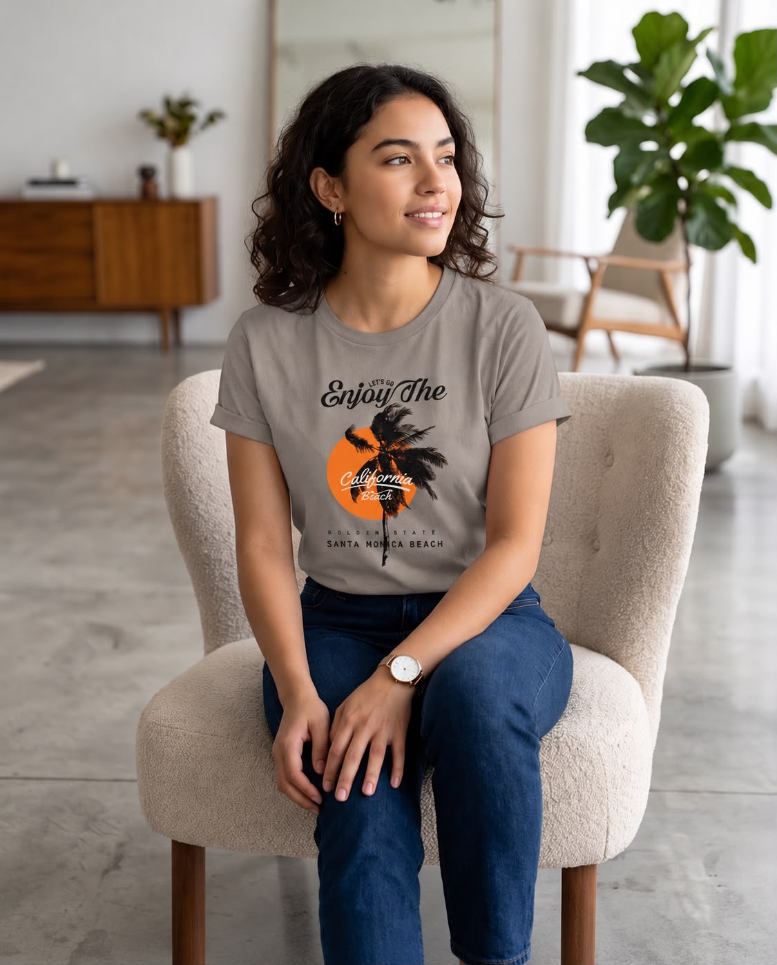 Camiseta Mujer California Beach Palmera y Sol Verde Cromo