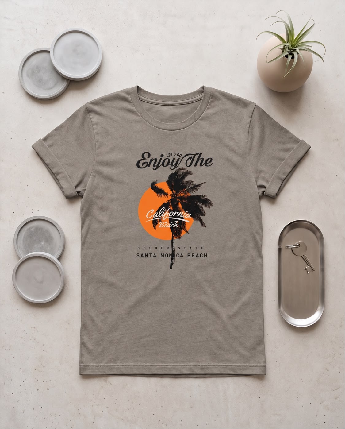 Camiseta Mujer California Beach Palmera y Sol Verde Cromo