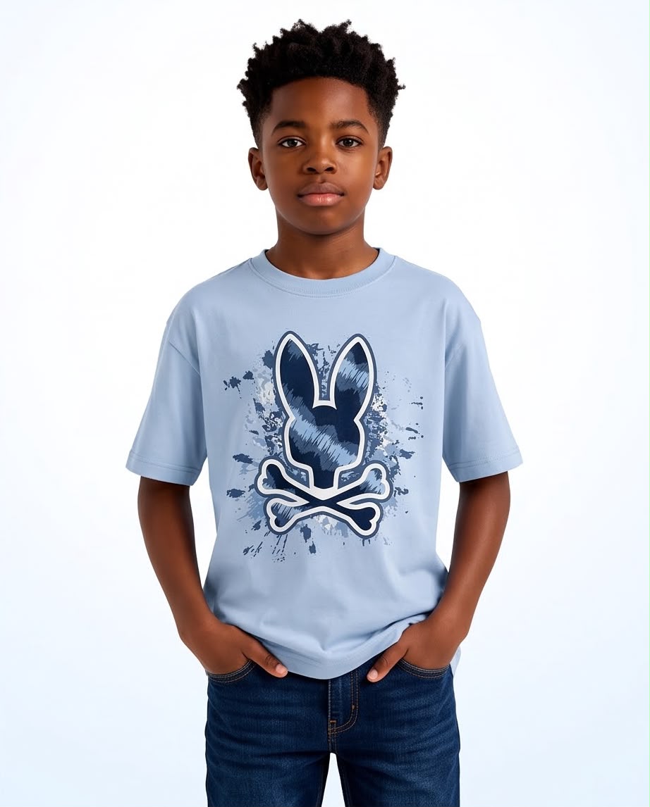 Camiseta Psycho Bunny Splatter Logo Azul Cielo Niño