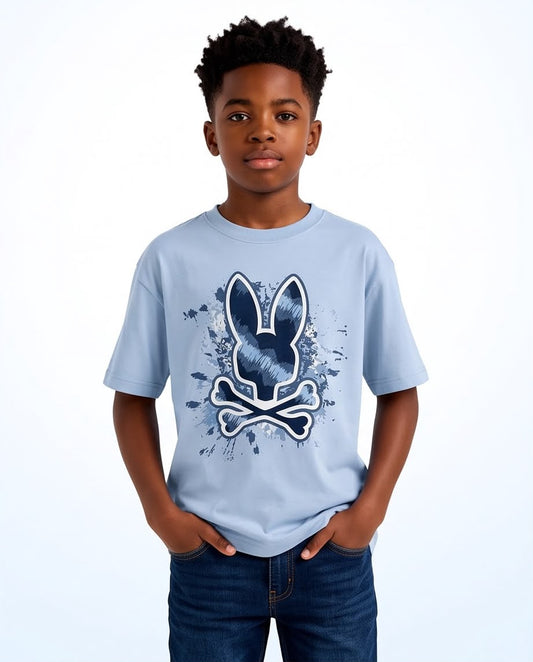Camiseta Psycho Bunny Splatter Logo Azul Cielo Niño