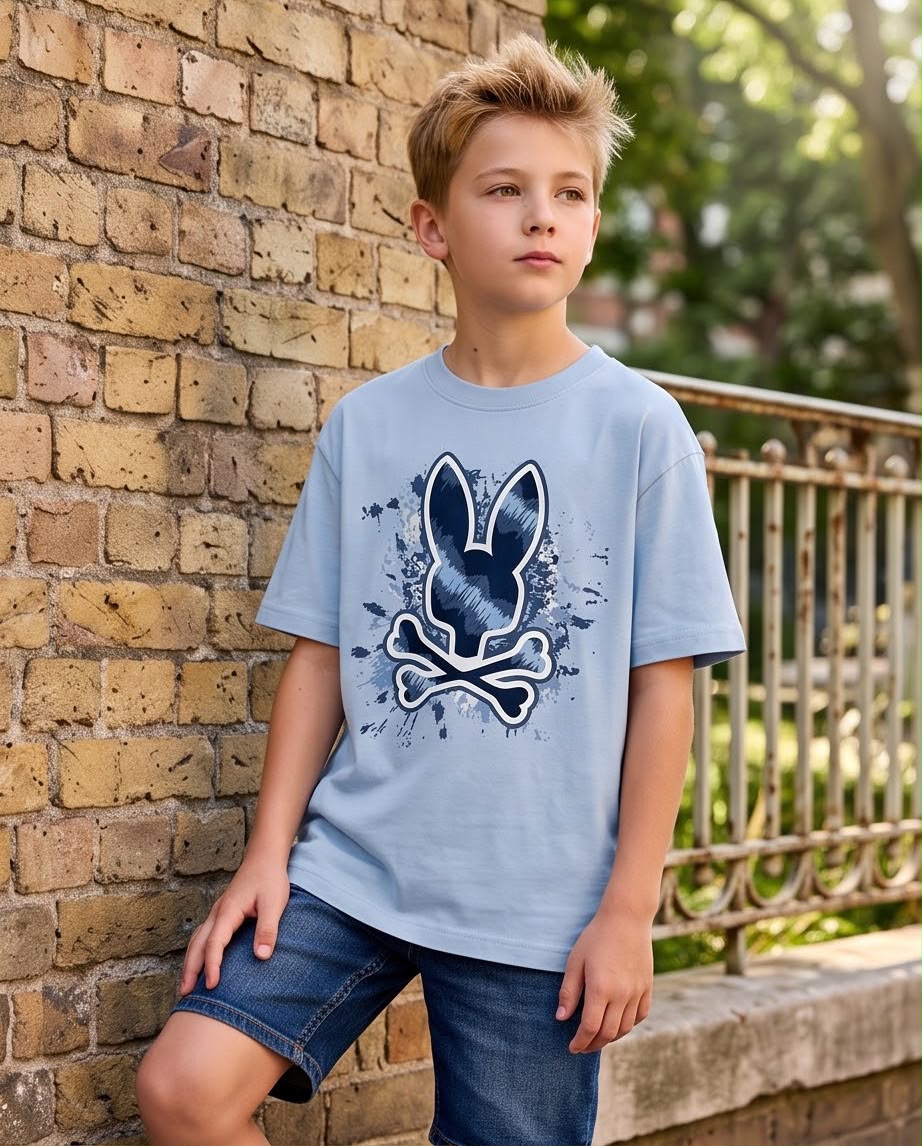 Camiseta Psycho Bunny Splatter Logo Azul Cielo Niño