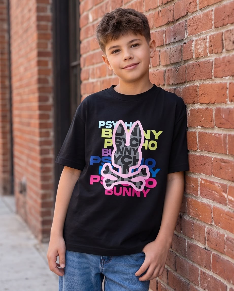 Camiseta Psycho Bunny Wordmark Stack Multicolor Negra Niño