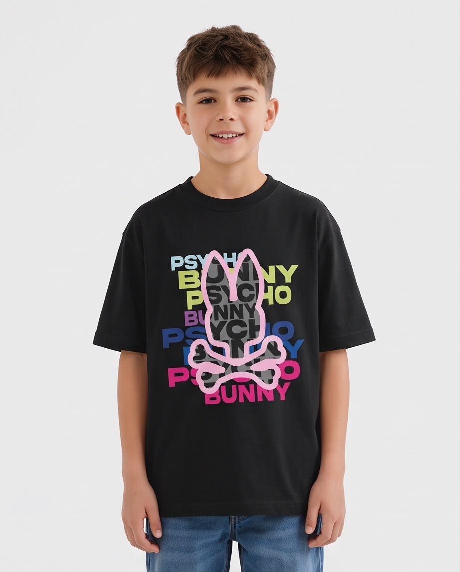 Camiseta Psycho Bunny Wordmark Stack Multicolor Negra Niño