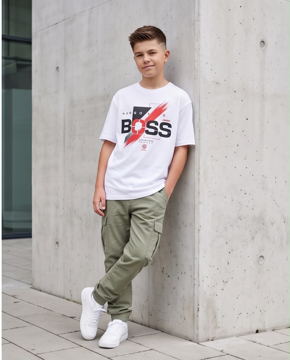 Camiseta Hugo Boss Niños BOSS MCMXXIV Blanca - Lifestyle cuerpo completo apoyado