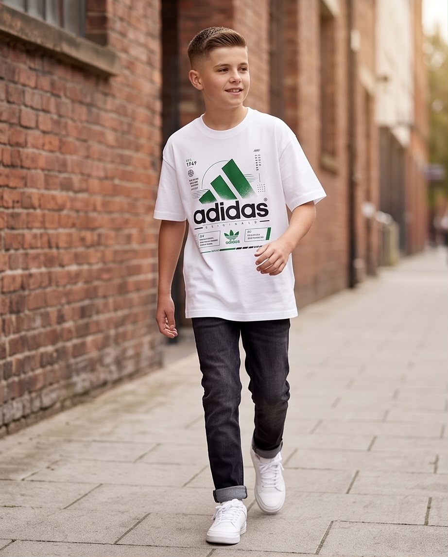 Camiseta Adidas Originals Niños EST. 1949 Blanca - Lifestyle apoyado en pared