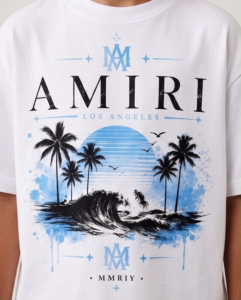 Camiseta Amiri Los Angeles Niños Blanca - Detalle gráfico frontal palmeras ola