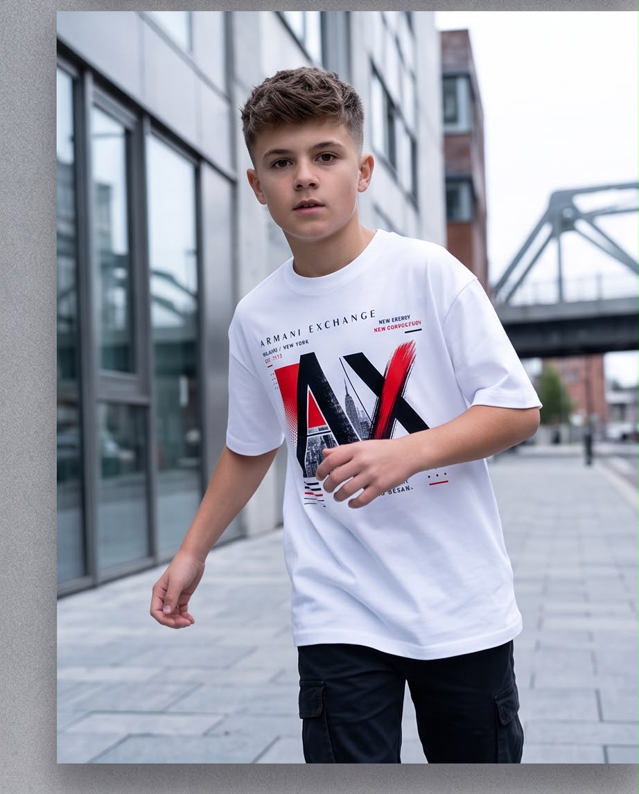 Camiseta Armani Exchange Niños AX Blanca - Lifestyle sonriendo fondo gris