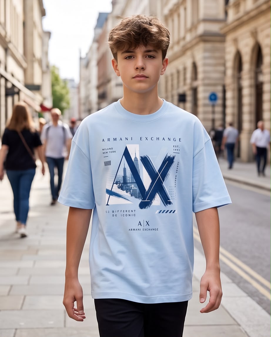 Camiseta Armani Exchange Niños AX Azul Cielo - Lifestyle apoyado pared metálica