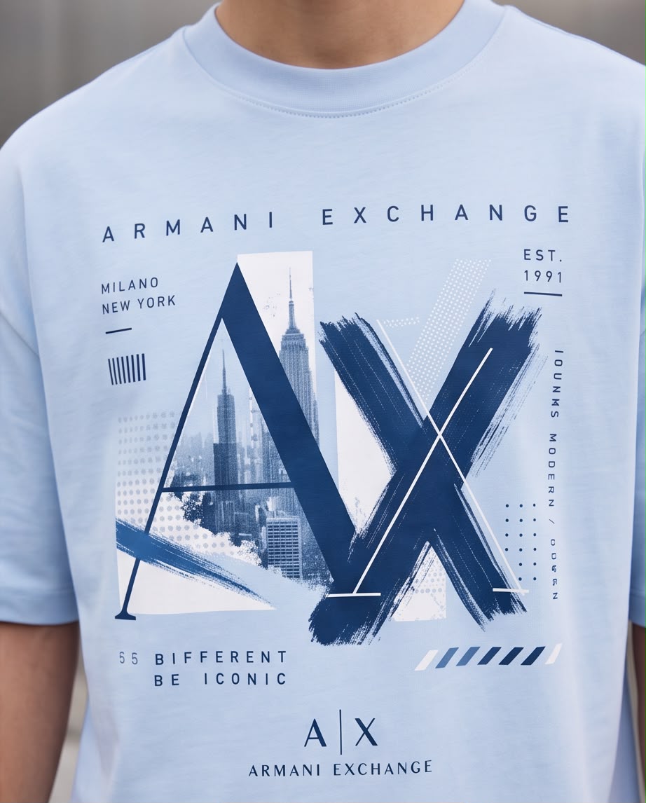 Camiseta Armani Exchange Niños AX Azul Cielo - Lifestyle caminando calle