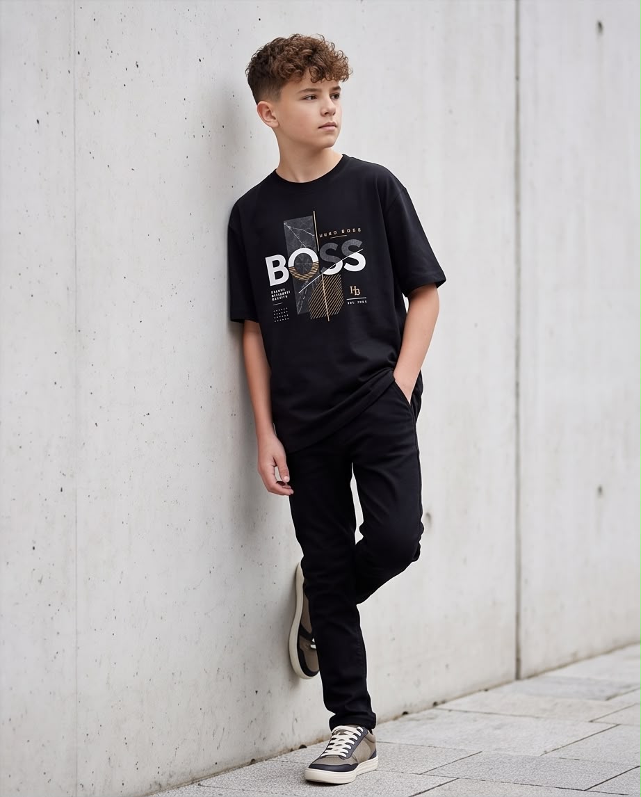 Camiseta Hugo Boss Niños BOSS Modern Movement Negro - Lifestyle apoyado pared
