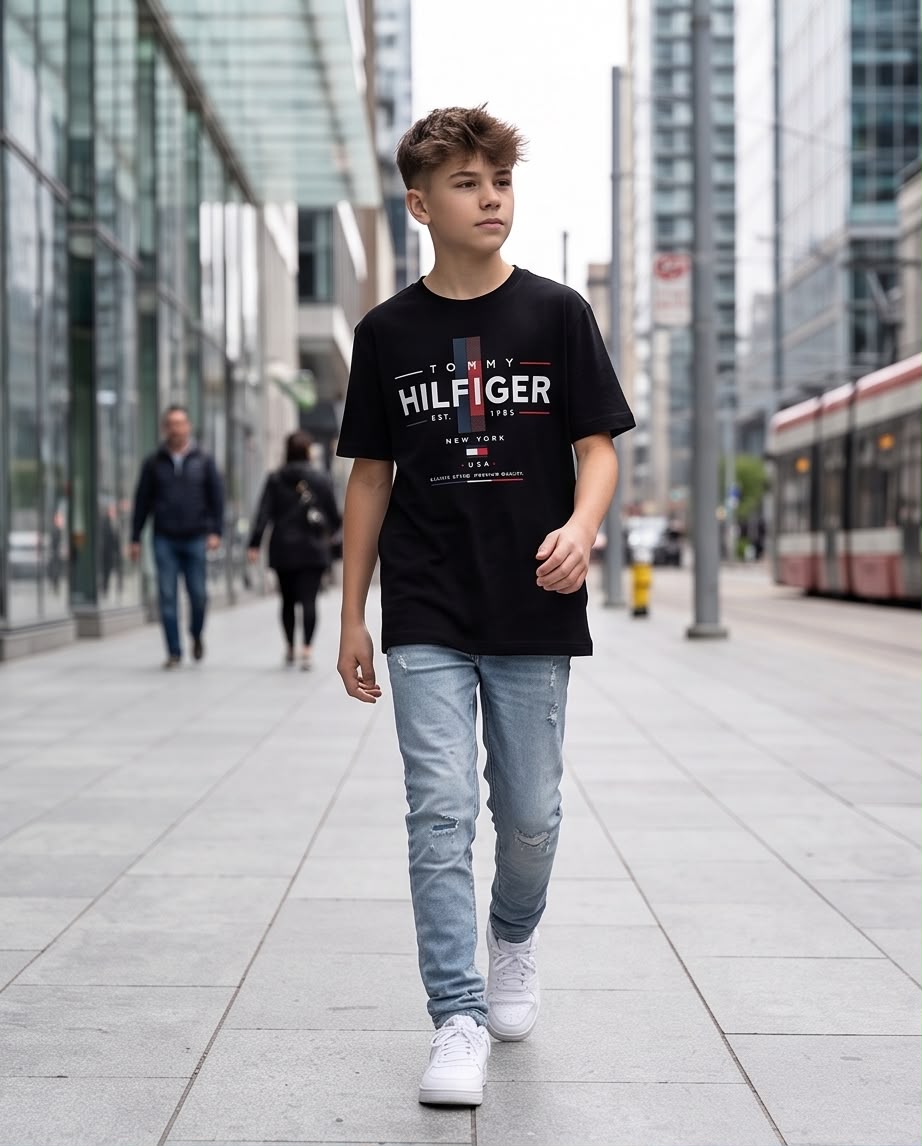 Camiseta Tommy Hilfiger Niños Negro - Lifestyle apoyado pared hormigón