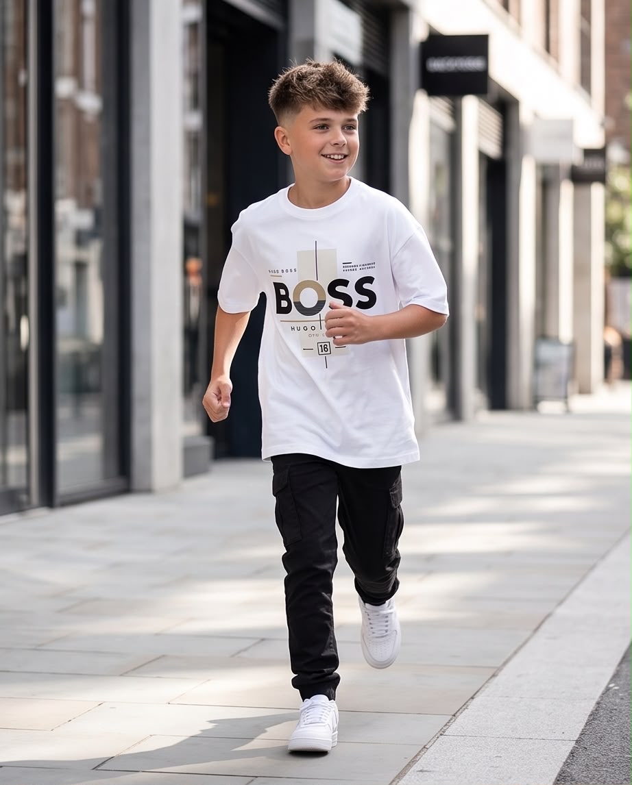 Camiseta Hugo Boss Niños BOSS OFF 1000 Blanca - Lifestyle corriendo ciudad