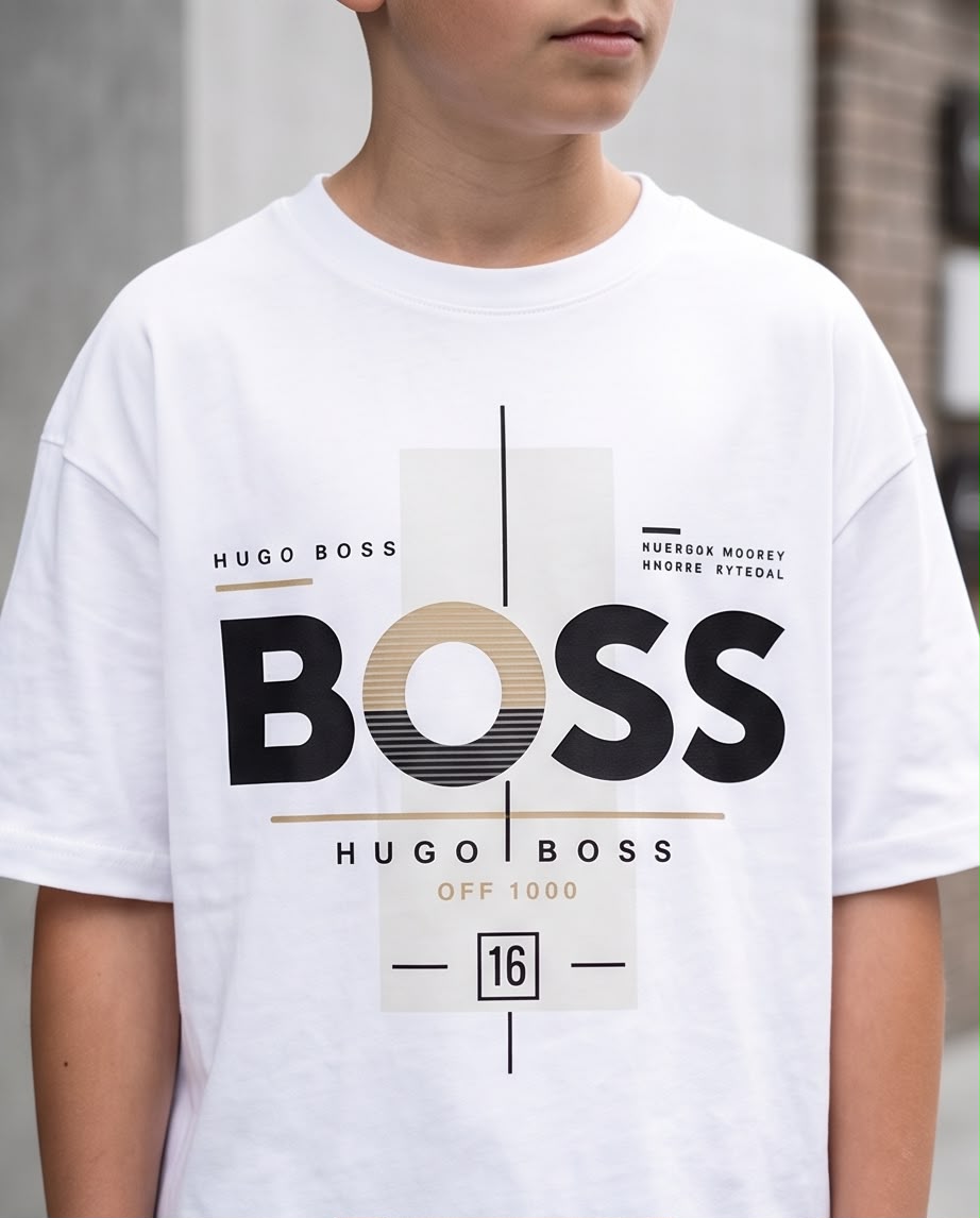 Camiseta Hugo Boss Niños BOSS OFF 1000 Blanca - Lifestyle apoyado pared