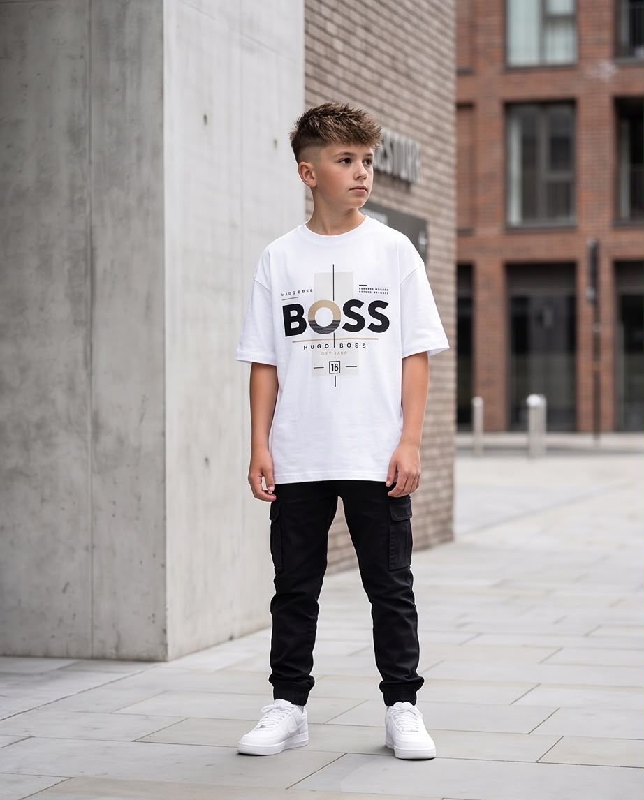 Camiseta Hugo Boss Niños BOSS OFF 1000 Blanca - Lifestyle de pie ciudad