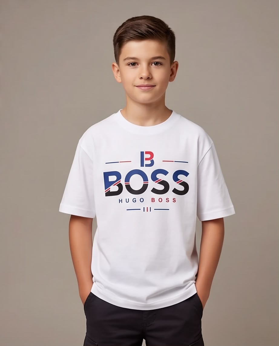 Camiseta Hugo Boss Niños BOSS Tricolor Blanca - Lifestyle fondo neutro