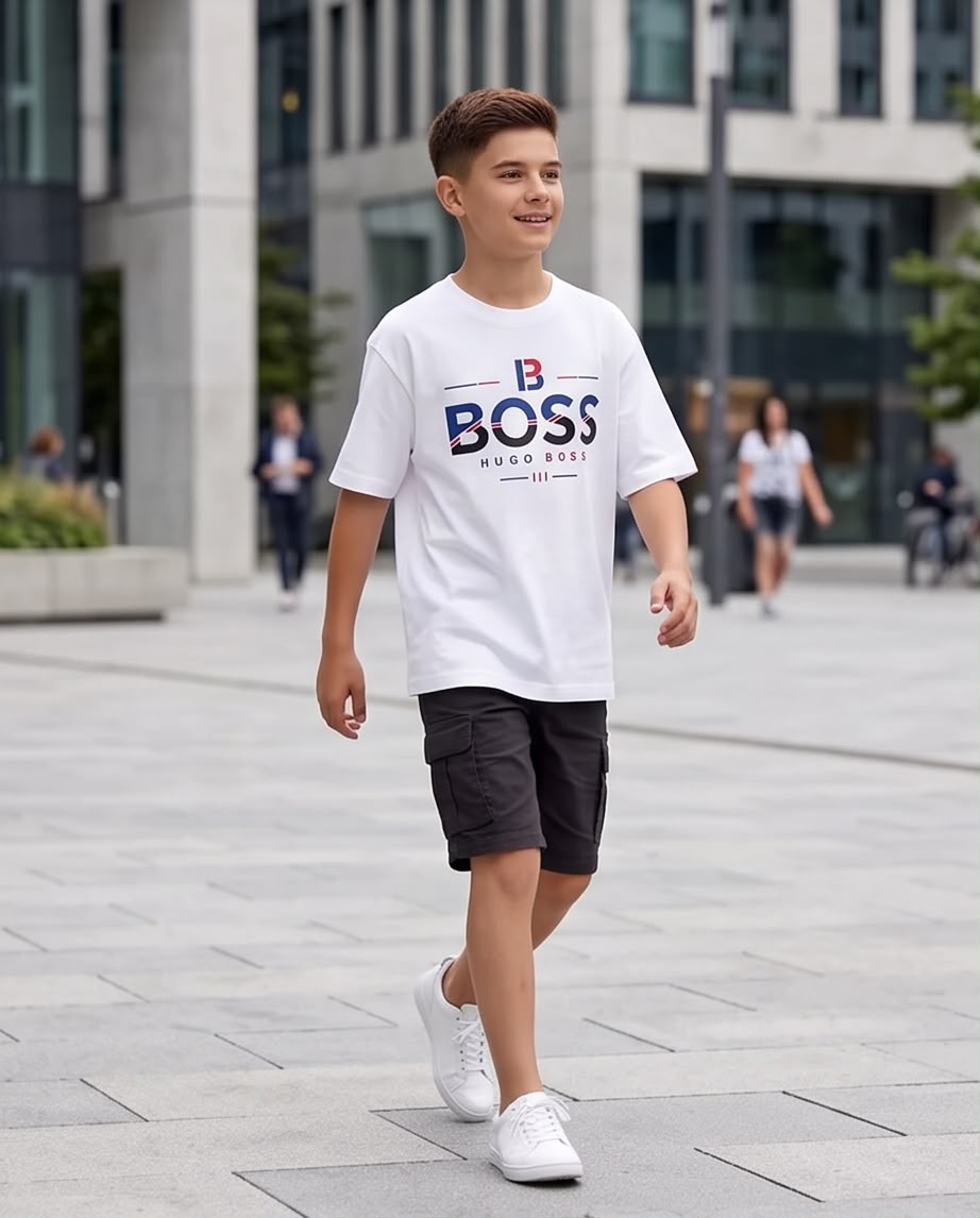 Camiseta Hugo Boss Niños BOSS Tricolor Blanca - Lifestyle de pie exterior